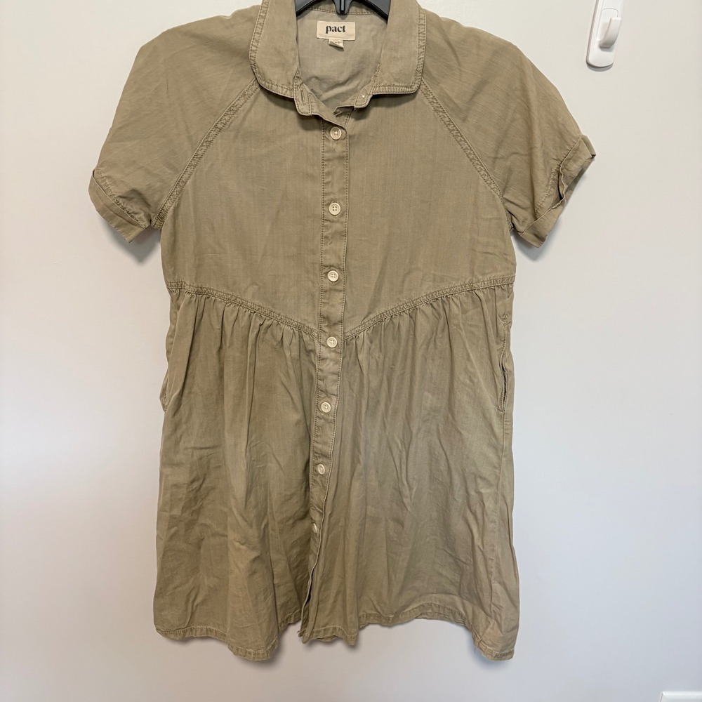 Pact Organic Cotton Button Front Shirt Dress Womens Tan‎ Small Short Sleeve